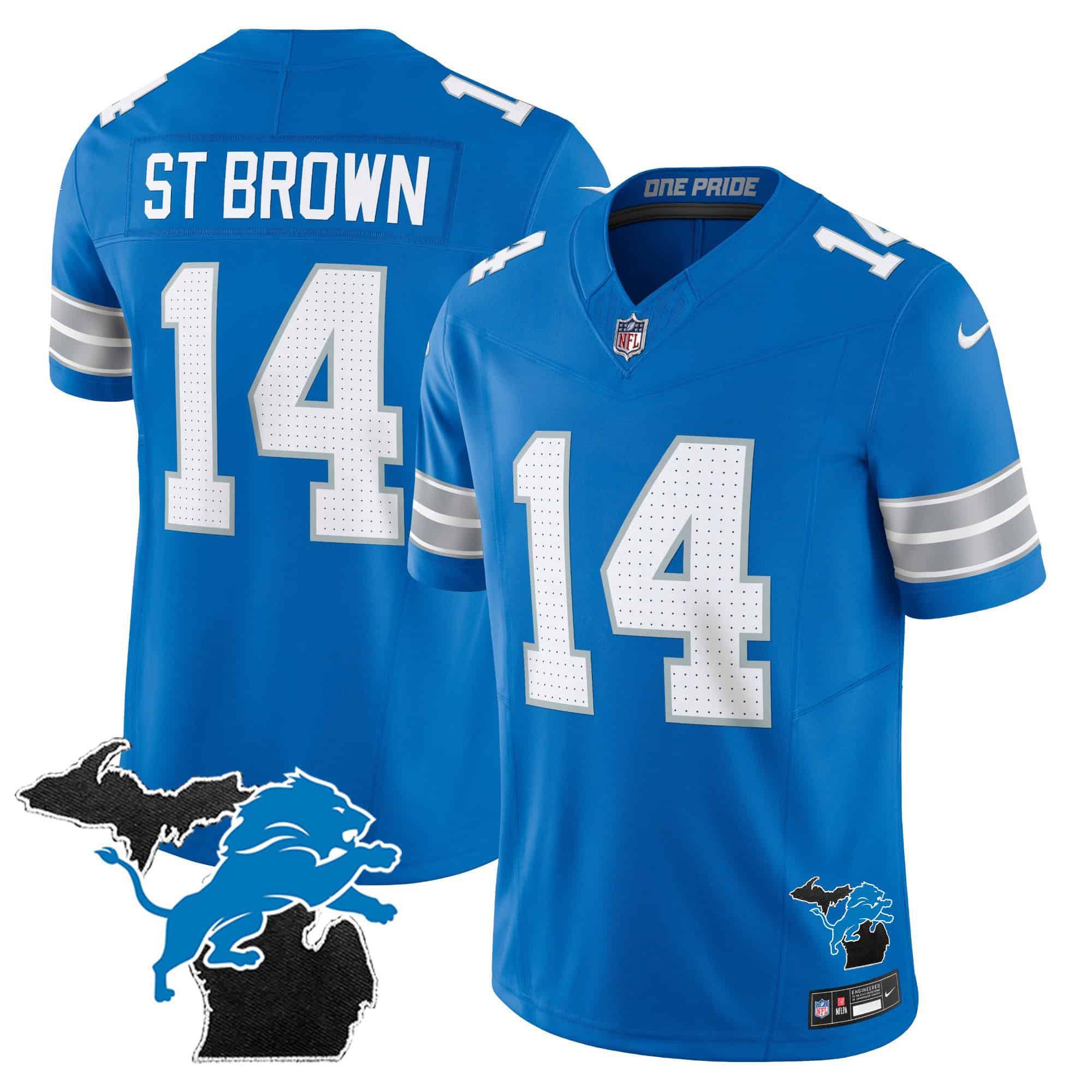Men Detroit Lions 14 ST Brown Blue 2024 Nike Michigan Patch Vapor Limited NFL Jersey